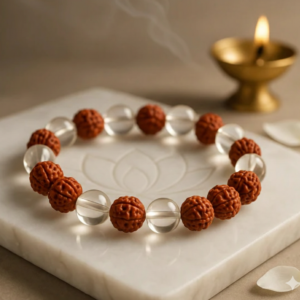 rudraksha crystal bracelet 8mm for vastu remedy & spiritual protection — rudraksha with clear quartz for stress relief & mental clarity